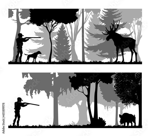 Hunter silhouette. Animal hunting trophy, forest hunting season, shooting hobby or sport vector background, scene or concept with hunter man aiming rifle or shotgun on moose and wild boar in forest