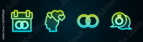 Set line Calendar, Head with heart, Wedding rings and Diamond engagement. Glowing neon icon. Vector