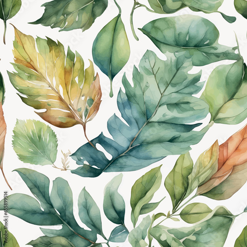 watercolor leaves, seamless pattern on white background watercolor leaves, seamless pattern on white background seamless pattern with leaves and feathers