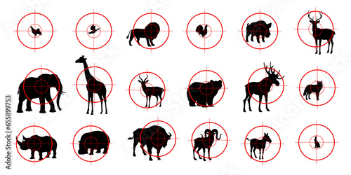 Hunting sport targets, animal silhouettes for hunt shooting range, vector icon. Hunter aim crosshair scope with duck, deer or elk stag and lion with giraffe for safari, grouse or partridge with boar photo