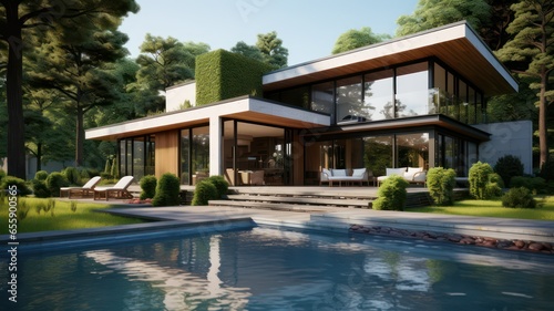 Modern house with garden created with Generative AI © mg photo