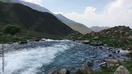 Small mountain river with crystal clear water. Water flows over the stones overgrown. Kyrgyzstan photo