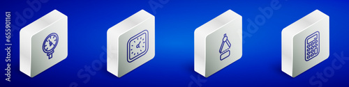 Set Isometric line Pressure water meter, Clock, Drawing compass and Calculator icon. Vector