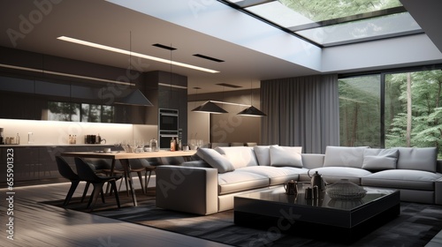 Modern apartment interior - dining table and living-room