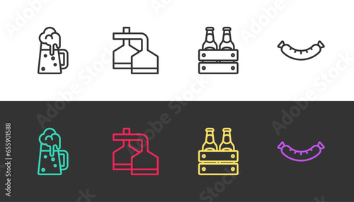 Set line Wooden beer mug, Beer brewing process, Pack of bottles and Sausage on black and white. Vector