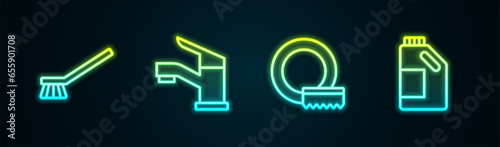 Set line Brush for cleaning, Water tap, Washing dishes and Bottle agent. Glowing neon icon. Vector