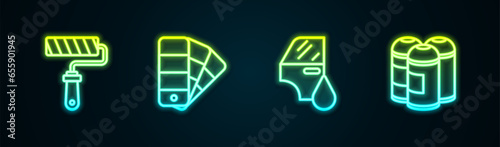 Set line Paint roller brush, Color palette guide, Car painting and spray can. Glowing neon icon. Vector