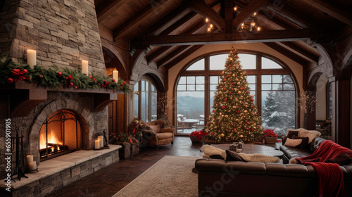 Rustic Elegance of Christmas. Embrace the Cozy Charm of the Season in a Living Room with Christmas Garland Gracing the Wooden Roof, Bringing Comfort, Tradition, and Festive Homeyness.