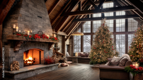 Rustic Elegance of Christmas. Embrace the Cozy Charm of the Season in a Living Room with Christmas Garland Gracing the Wooden Roof  Bringing Comfort  Tradition  and Festive Homeyness.