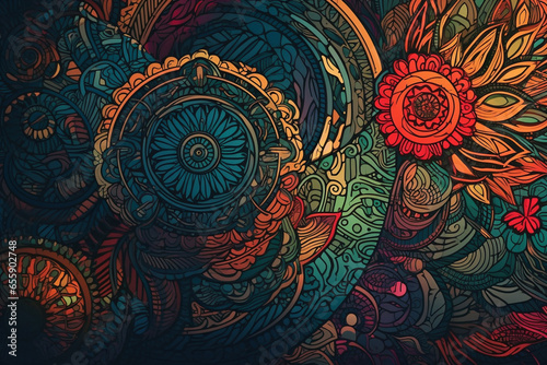 Colorful abstract background with mandalas. Hand-drawn illustration.