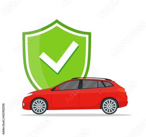 Car insurance, protection concept. Auto with safety shield and check mark. Security safe for vehicle in case of accident, disaster, theft. vector illustration..