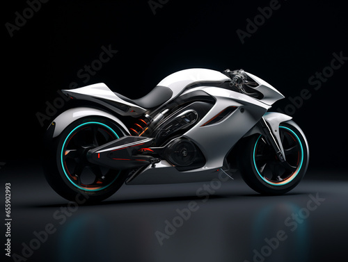 3D illustration of a futuristic sport bike isolated on a plain background. Designed aerodynamically according to its ability to accelerate at high speed.