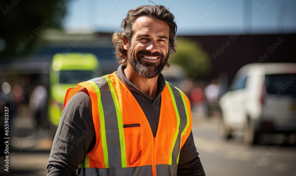 Smiling worker man wearing safety vest, looking at camera. Handsome male, outdoor portrait. Smiling worker man wearing safety vest, looking at camera. Handsome male, outdoor portrait.