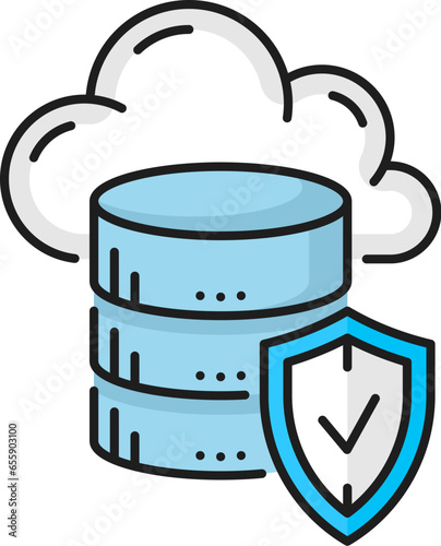Color database, network server, cloud storage icon. Linear vector symbol of data management, information storage retrieval, digital system protection, depicts stacked cylindrical blocks and shield
