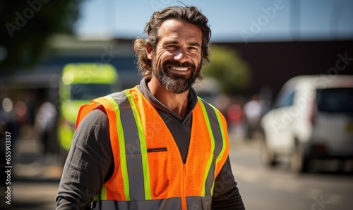 Smiling worker man wearing safety vest, looking at camera. Handsome male, outdoor portrait.