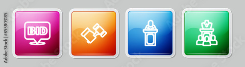 Set line Bid, Auction hammer, auctioneer sells and jewelry sale. Colorful square button. Vector