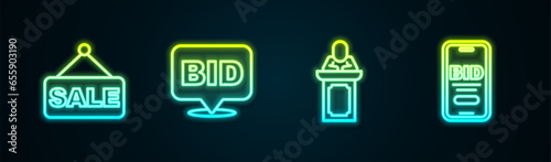 Set line Price tag with Sale, Bid, Auction auctioneer sells and Online. Glowing neon icon. Vector