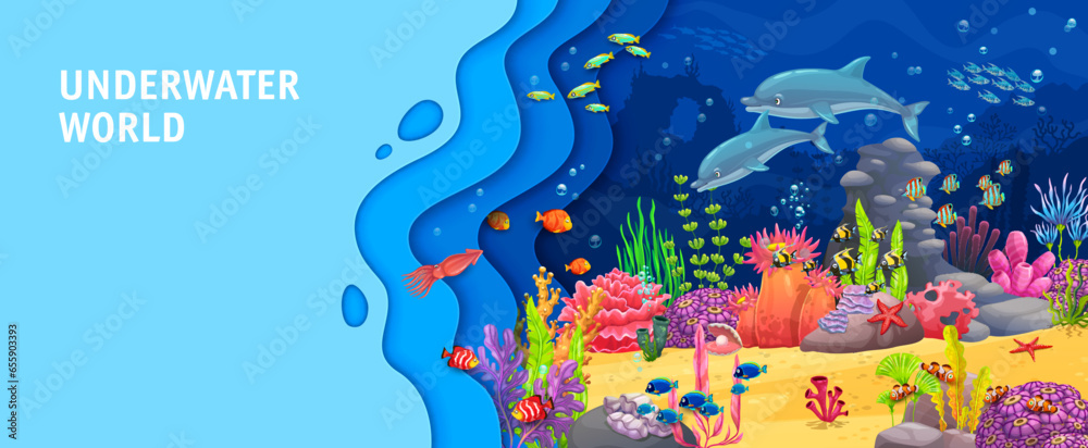 Landing page with cartoon dolphins in sea, paper cut underwater ...