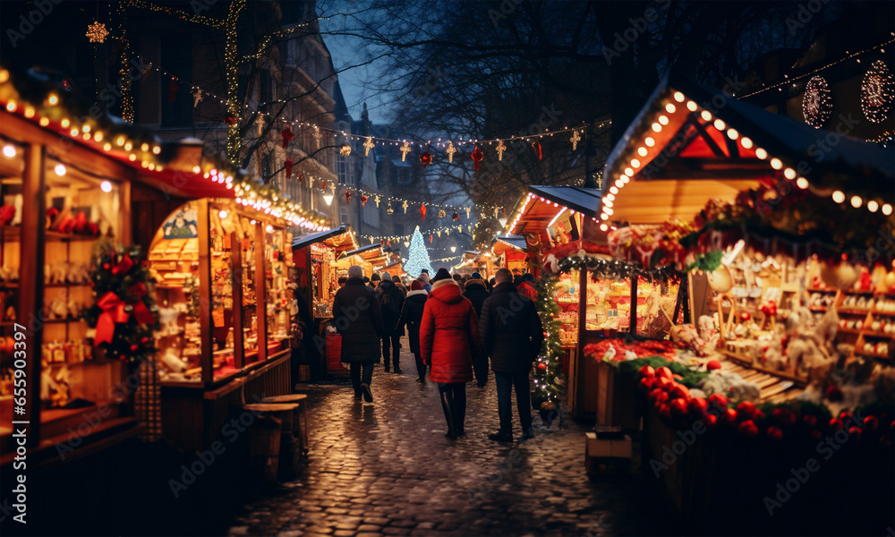 Naklejka premium Christmas market in an old european town at night, people walking in a cobbled street with illuminated stalls and shops selling Christmas food and ornaments