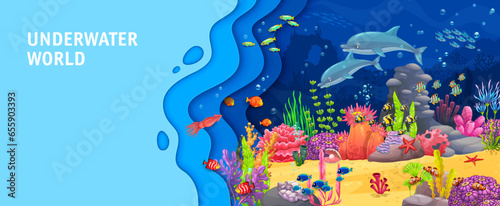 Landing page with cartoon dolphins in sea, paper cut underwater landscape, vector website template. Ocean or undersea papercut landscape background with coral reef fishes and seaweeds for landing page