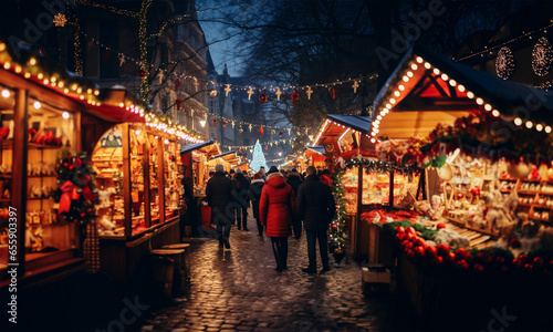 Christmas market in an old european town at night, people walking in a cobbled street with illuminated stalls and shops selling Christmas food and ornaments
