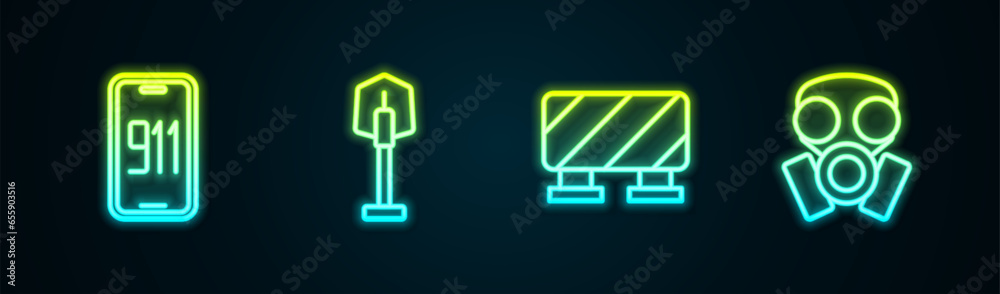 Set line Mobile emergency call 911, Fire shovel, Road barrier and Gas mask. Glowing neon icon. Vector Set line Mobile emergency call 911, Fire shovel, Road barrier and Gas mask. Glowing neon icon. Vector