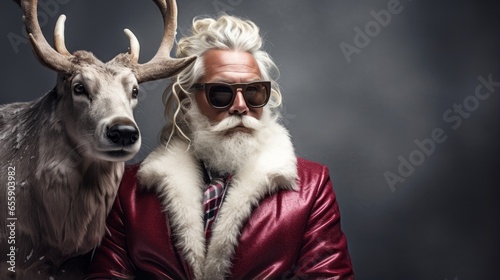 Fashionable African American man wearing suit, tie and sunglasses, with grey hair and beard sitting and posing with reindeer. Minimal concept of Santa Claus, Christmas and New Year season. Copy space