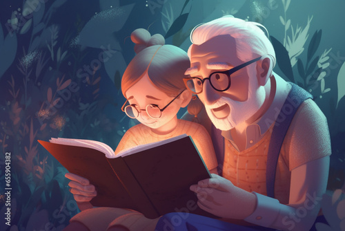 Grandfather reading a book to his granddaughter. 3d illustration.