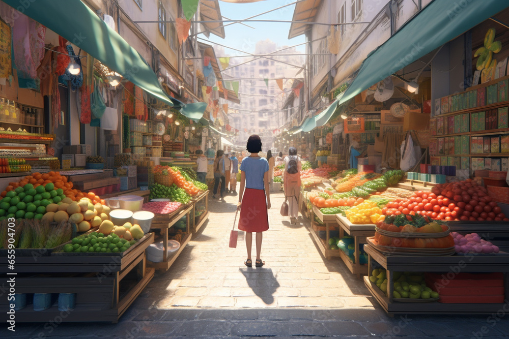 Obraz premium Woman shopping in the street market, full of fresh fruits and vegetables