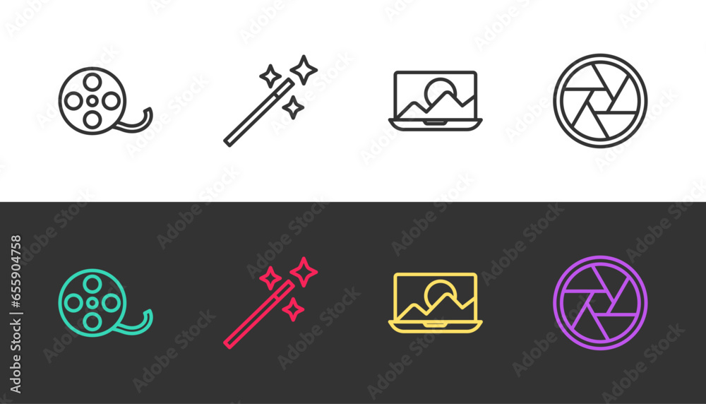Set line Film reel, Photo retouching, and Camera shutter on black and white. Vector