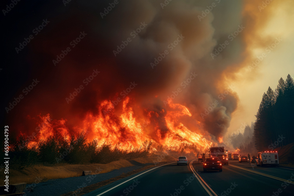 Fighting to Prevent a Tragedy on the Highway. Firefighters Work Tirelessly to Extinguish a Forest Fire Threatening a Highway. Urgent Rescue Efforts