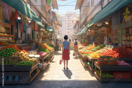 Woman shopping in the street market, full of fresh fruits and vegetables