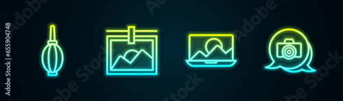 Set line Dust blower, Photo frame, retouching and camera. Glowing neon icon. Vector