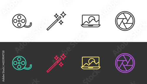 Set line Film reel, Photo retouching, and Camera shutter on black and white. Vector