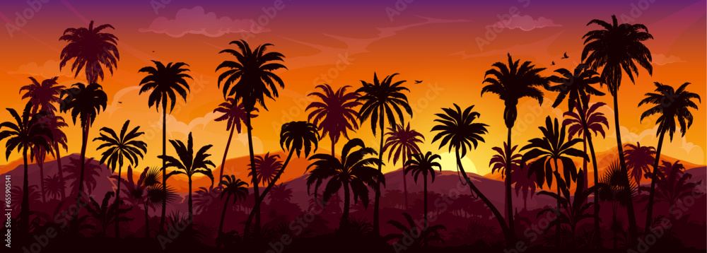 Tropical jungle sunrise or sunset forest landscape palm silhouettes. Vector background of exotic island nature panorama with mountain hills, yellow sun and sky, rainforest palm trees and plants