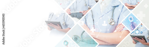 Banner healthcare and medical working in hospital with professional team in physician, nursing assistant, laboratory research and development, teamwork analyzing data information people.