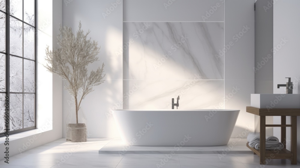 Fototapeta premium Bathtub, luxurious bathroom, beautiful view outside.