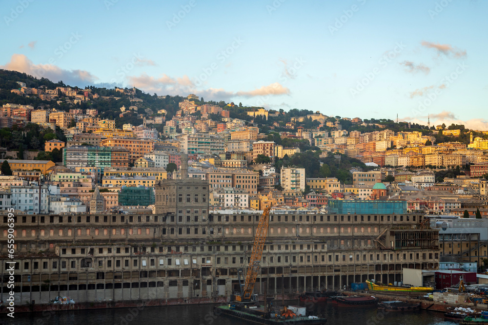 Panorama of Genoa from aboard a cruise ship