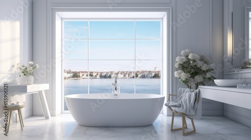 Bathtub, luxurious bathroom, beautiful view outside. © panu101