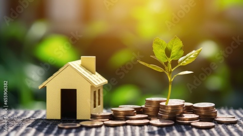 House model with green trees Collectible silver coins, saving money, morning sunlight, portends the future for creating a livable and warm home.