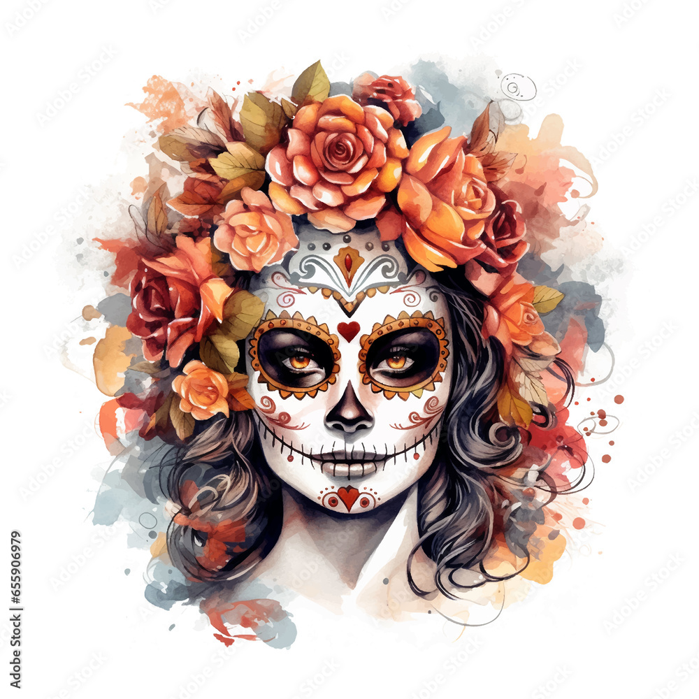 Day of the dead Catrina watercolor illustration on white background
