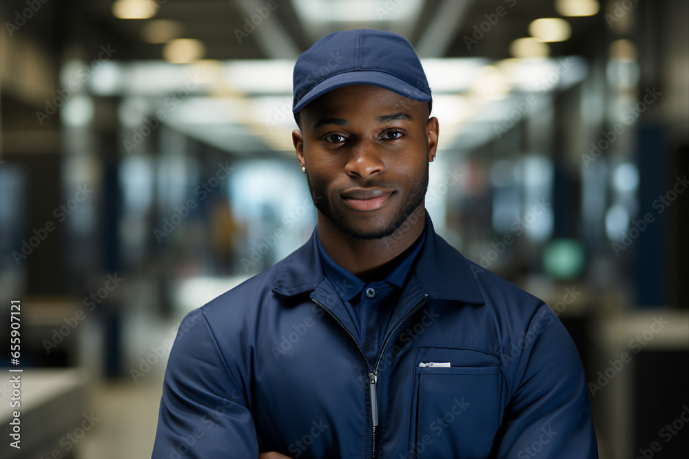 Generative AI photo of male professional postman wear uniform working in the warehouse Generative AI photo of male professional postman wear uniform working in the warehouse