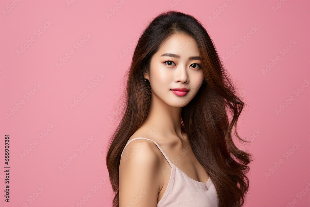 AI generated photo of an attractive beautiful young woman model with long healthy hair isolated on pink color background AI generated photo of an attractive beautiful young woman model with long healthy hair isolated on pink color background