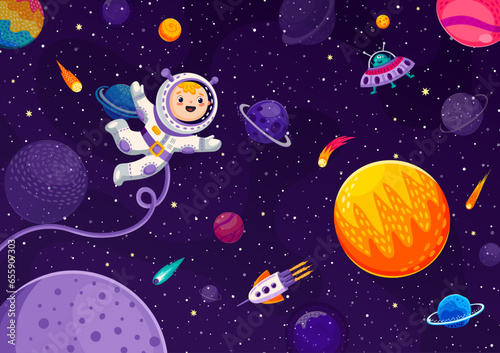 Cartoon funny kid astronaut in outer space with galaxy planets, UFO and starship, vector background. Kid spaceman adventure in galaxy fantasy with alien UFO and rocket shuttle or galactic spaceship