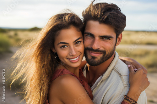 Young couple portrait two lovers spending time sunny country travelers Generative IA