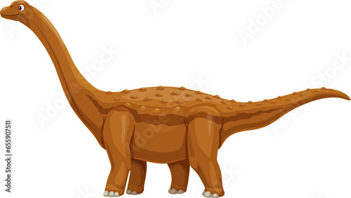 Opisthocelicaudia dinosaur cartoon character. Jurassic era dinosaur, extinct lizard or paleontology animal childish vector character. Prehistoric reptile Opisthocelicaudia funny personage or mascot