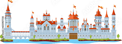 Medieval fortress castle tower and turret, wall and palace, gate, bridge and fort, vector fairytale princess or king house architecture. Ancient fortified castle, palace, fortress, citadel and mansion