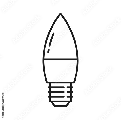 Candle light bulb and LED lamp thin line icon. Electricity saving illumination technology, energy efficient candle lightbulb or modern LED lamp with E27 socket line vector icon or outline pictogram