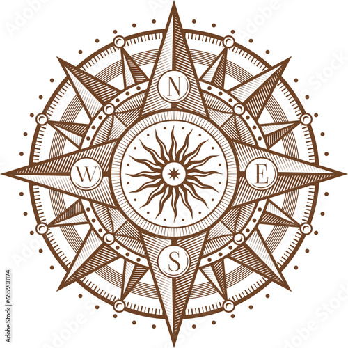 Vintage Medieval antique wind rose compass with arrows, vector marine navigation symbol. Retro wind rose compass with north, east, west and east star arrows, nautical cartography and sailing symbol