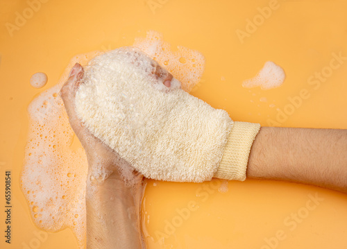 Bath Glove, Natural Beige Wash Mitt for Spa, Massage, Healthy Skin, Shower Glove